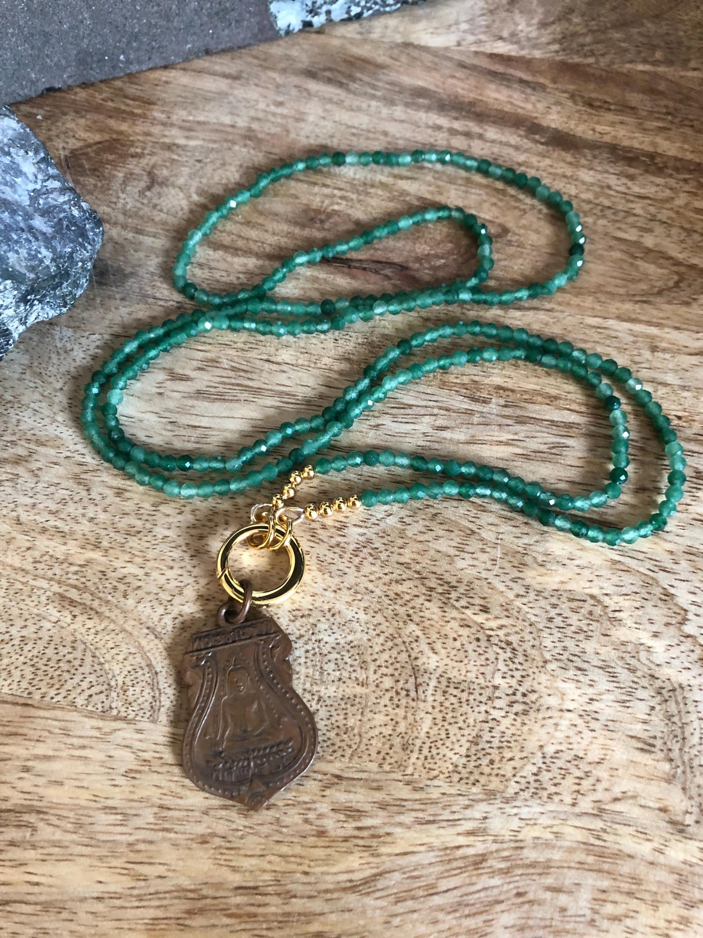 Chrysoprase Long Necklace Stone Of  Love And Transformation,  Vintage Buddha Amulet Pendant from Thailand, Meditation Empowering Necklace