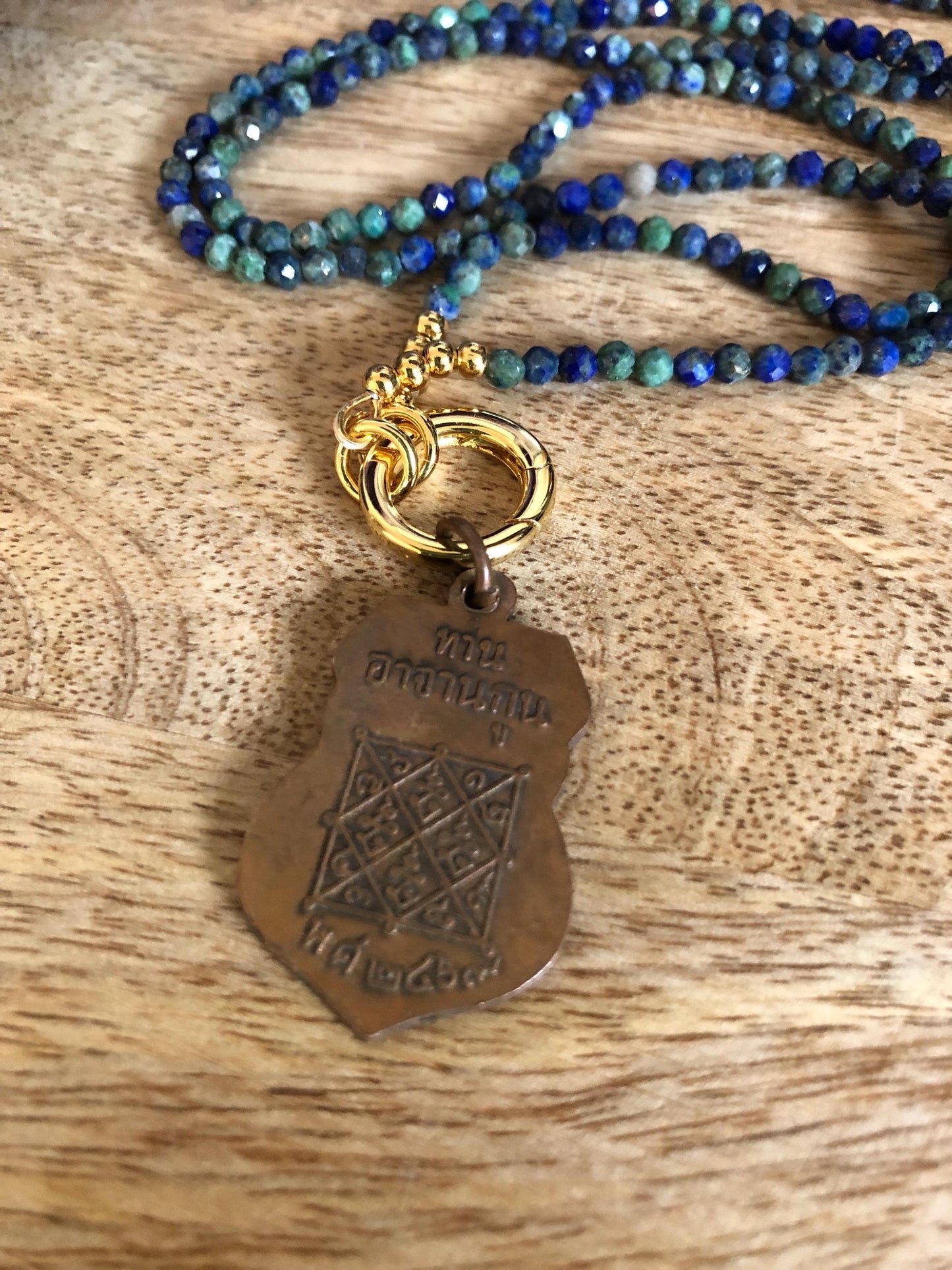 Lapis Gold Phoenix Long Necklace Stone Of Luck and prosperity,  Vintage Buddha Amulet Pendant from Thailand 3x3 beads, Boho Minimalist