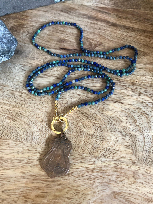 Lapis Gold Phoenix Long Necklace Stone Of Luck and prosperity,  Vintage Buddha Amulet Pendant from Thailand 3x3 beads, Boho Minimalist