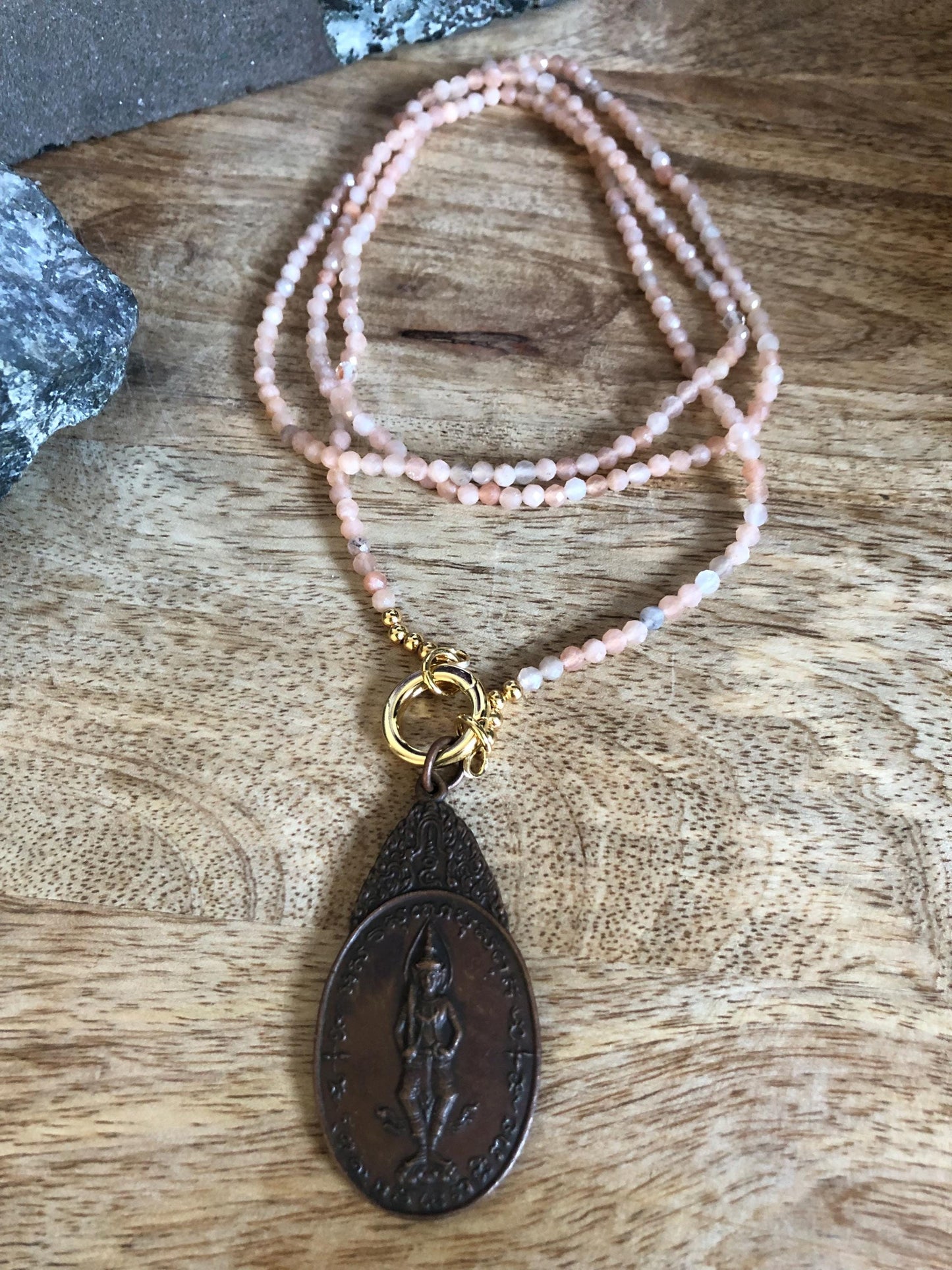 Sunstone Long Necklace Stone of Joy, Vitality, Abundance Vintage Buddha Amulet Pendant From Thailand, Empowering Meditation Necklace