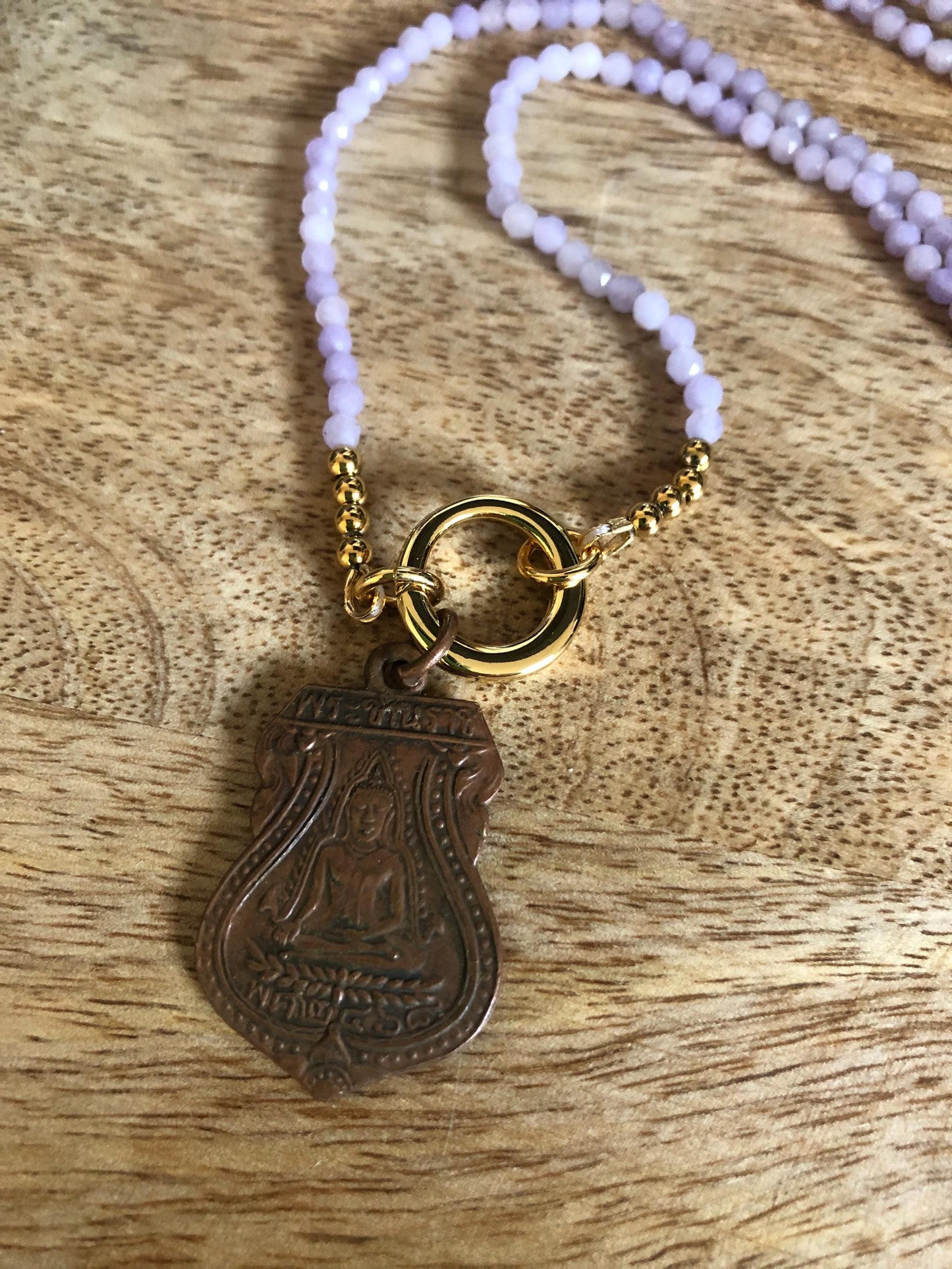 Purple Agate Long Necklace Stone of intuition, Creativity Vintage Buddha Amulet Pendant from Thailand, Boho Meditation Empowering Necklace