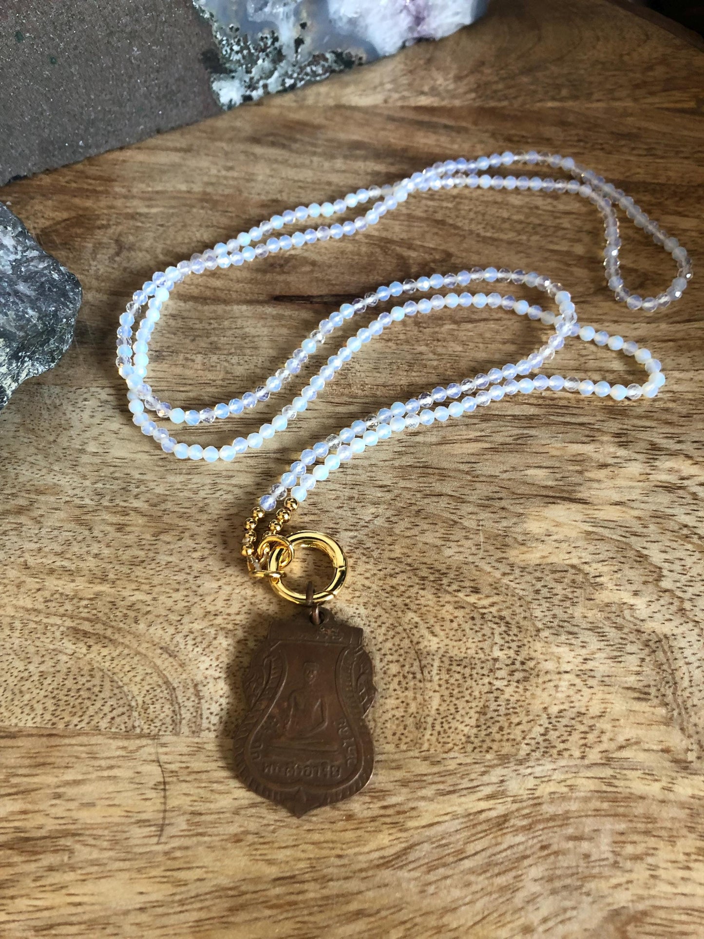 White Opal Long Necklace Stone Of Luck, Hope, and Creativity Necklace, Vintage Buddha Amulet Pendant from Thailand, Empowered boho necklace