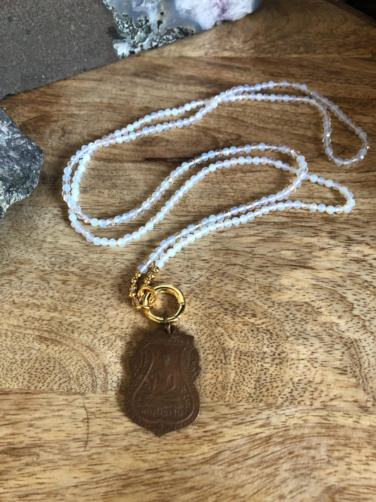 White Opal Long Necklace Stone Of Luck, Hope, and Creativity Necklace, Vintage Buddha Amulet Pendant from Thailand, Empowered boho necklace