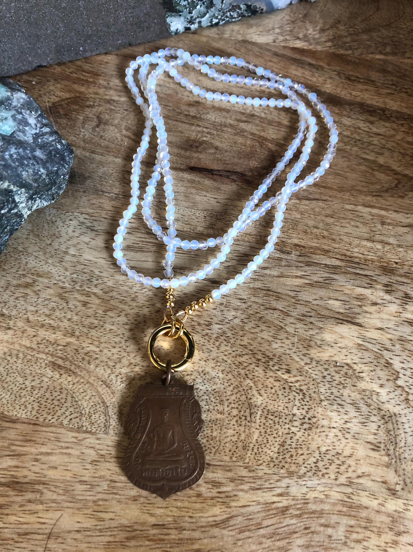 White Opal Long Necklace Stone Of Luck, Hope, and Creativity Necklace, Vintage Buddha Amulet Pendant from Thailand, Empowered boho necklace