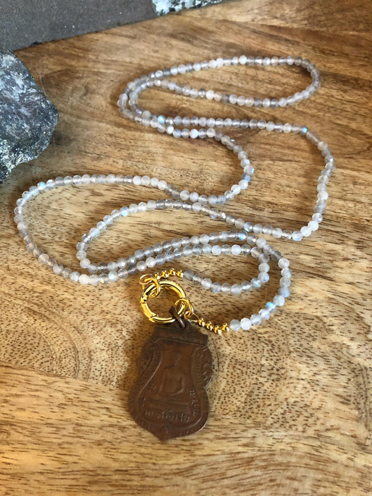 Labradorite Long Necklace Stone of transformation and intuition,  Vintage Thailand Amulet Buddha Pendant, Meditation empowering necklace