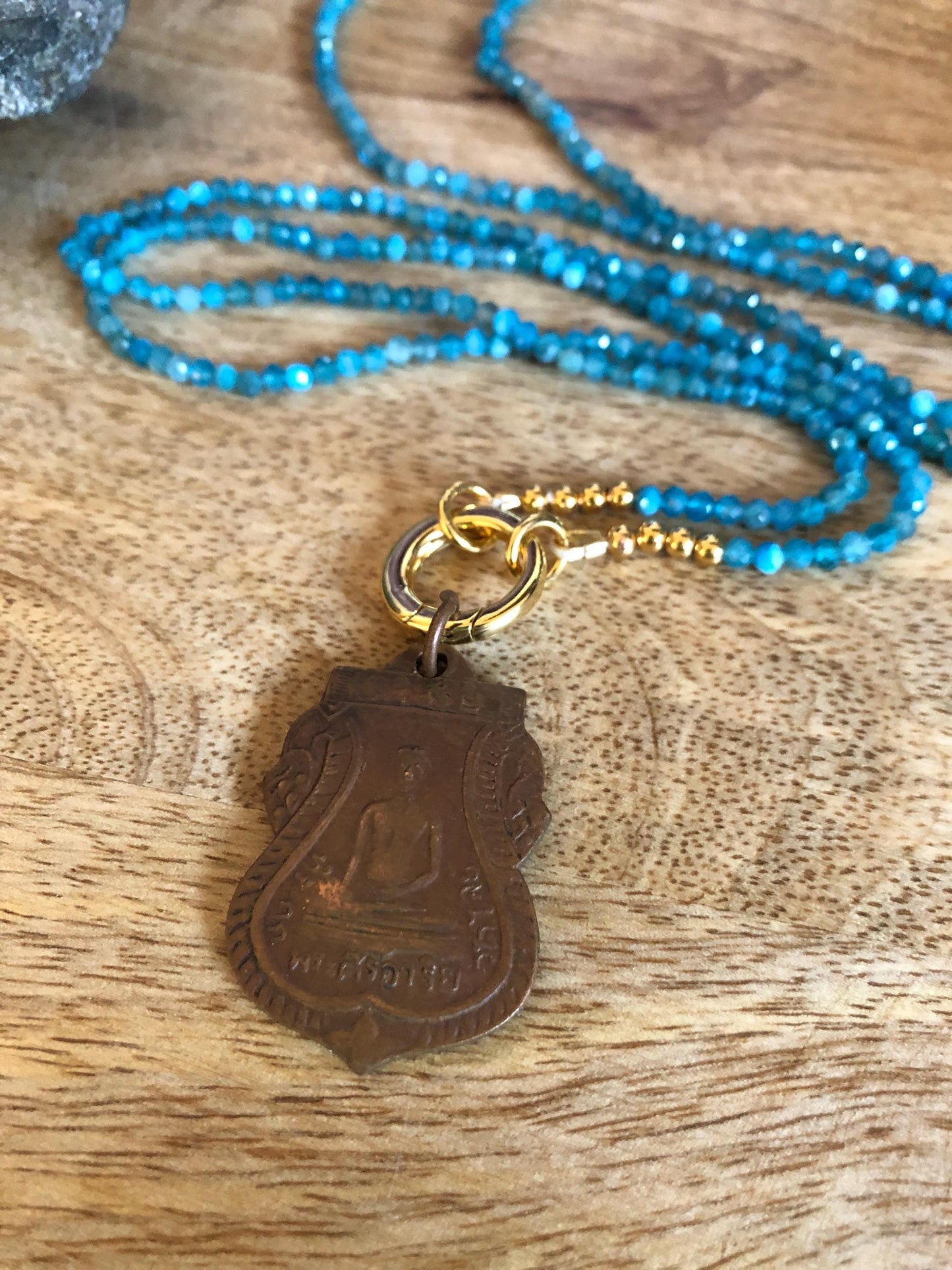 Blue Apatite Long Necklace Stone Of Manifestation,  Vintage Thailand Buddha Amulet Pendant, Empowering meditation necklace, Boho Necklace