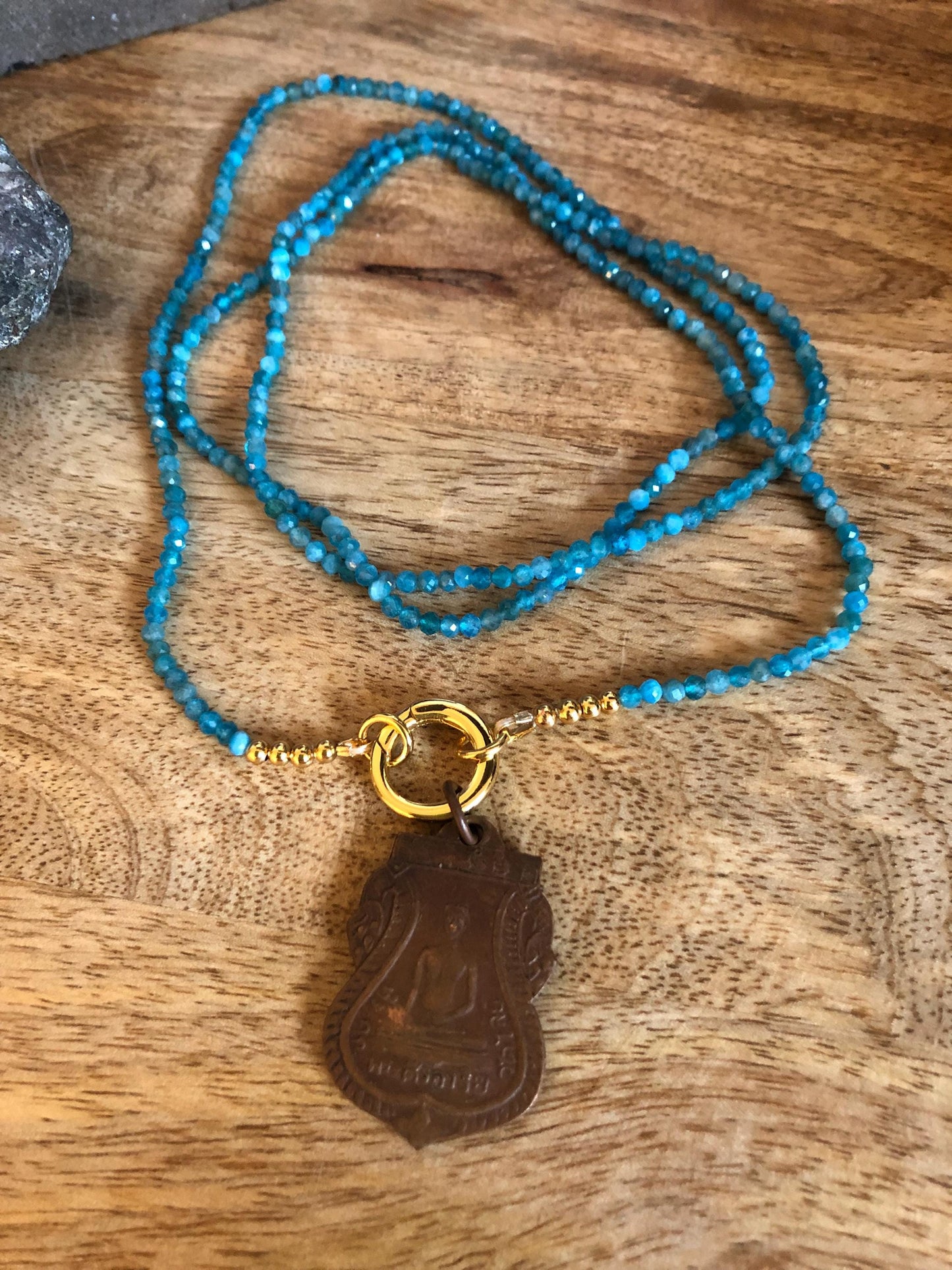 Blue Apatite Long Necklace Stone Of Manifestation,  Vintage Thailand Buddha Amulet Pendant, Empowering meditation necklace, Boho Necklace