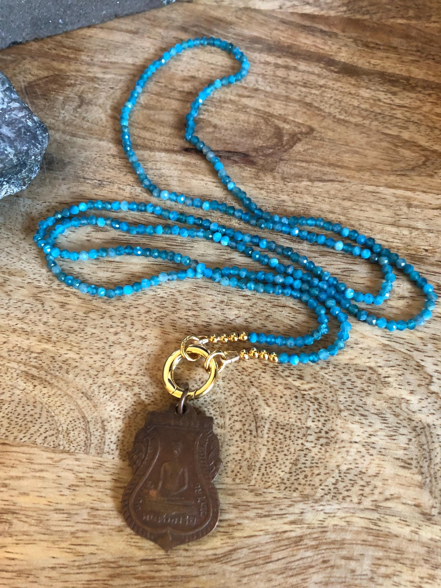 Blue Apatite Long Necklace Stone Of Manifestation,  Vintage Thailand Buddha Amulet Pendant, Empowering meditation necklace, Boho Necklace