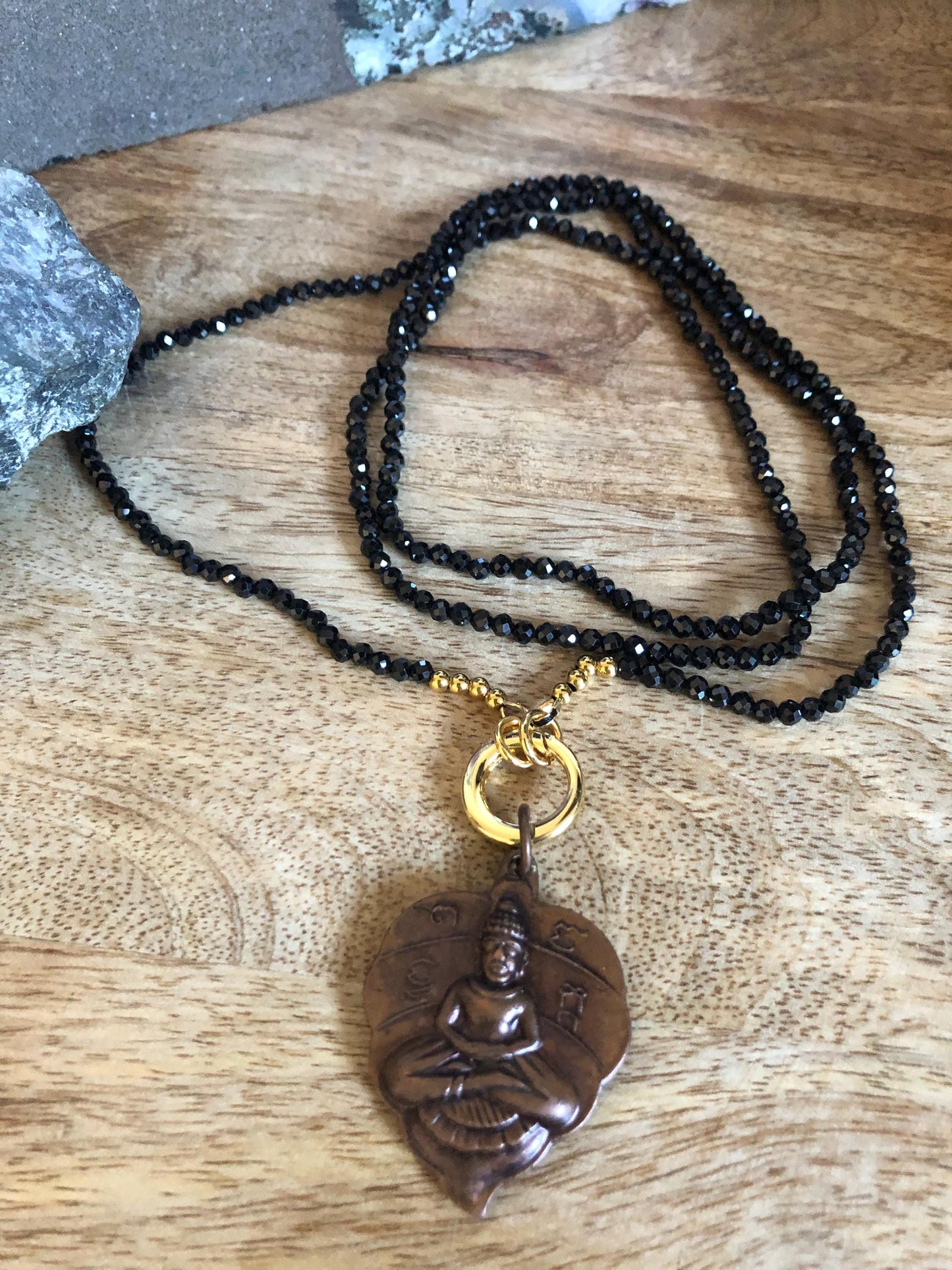 Black Onyx Long Necklace Stone of protection, strength, Vintage Thailand Buddha Amulet Pendant, Empowered boho necklace, meditation gift