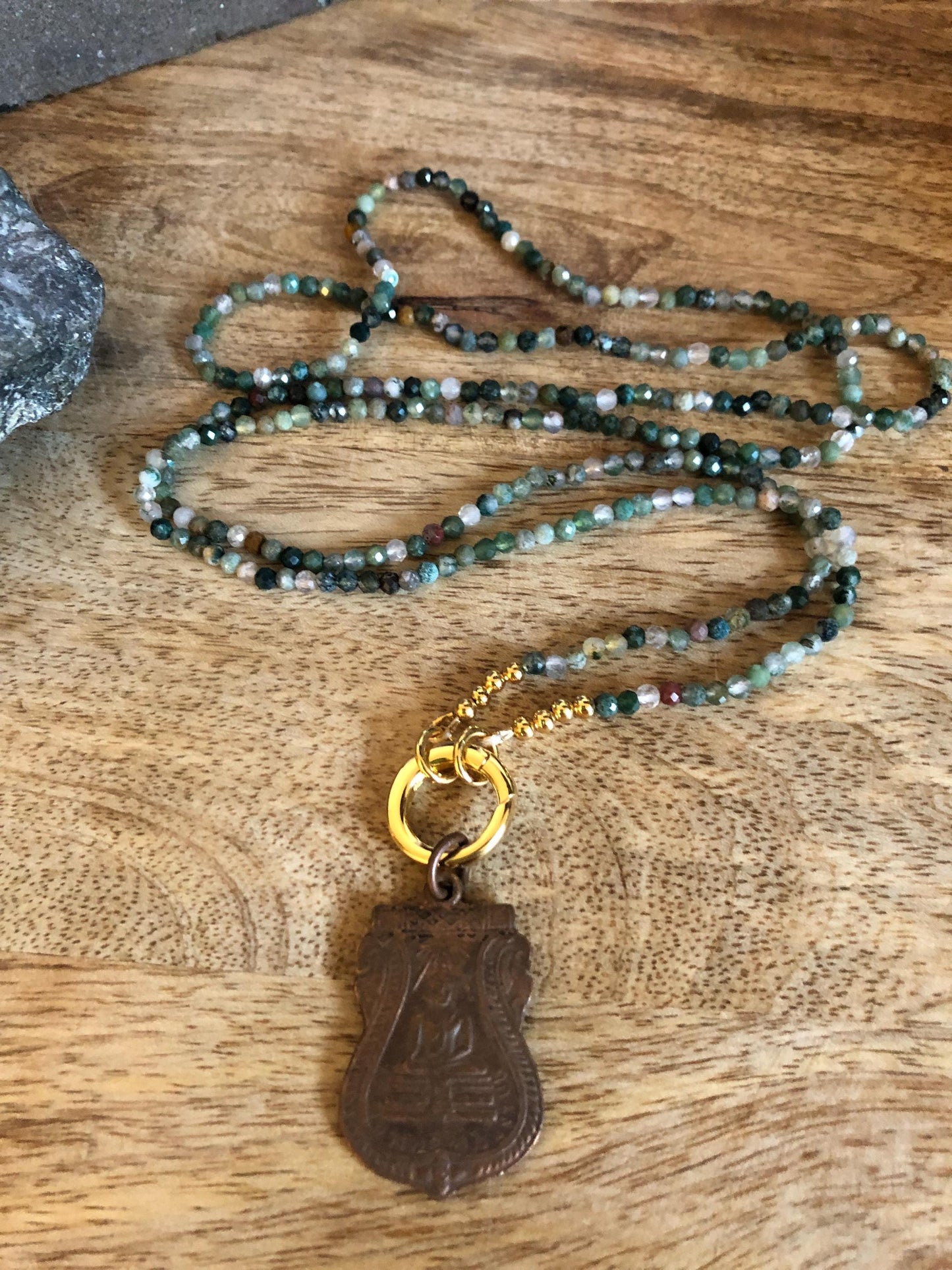 Indian Agate Long Necklace, Stone of peace and harmony, Vintage Thai Buddha Pendant, amulet from Thailand, Empowered boho necklace