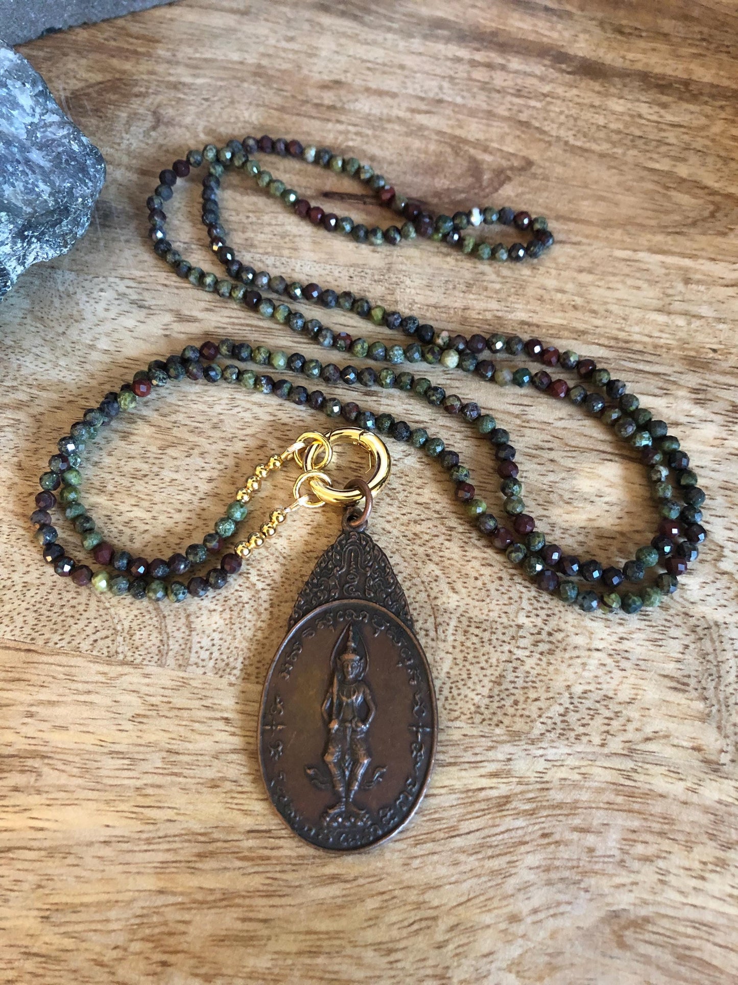 Bloodstone Necklace -stone of courage, Vintage Buddha Pendant from Thailand, 3x3 faceted beads, empowering necklace, boho chic