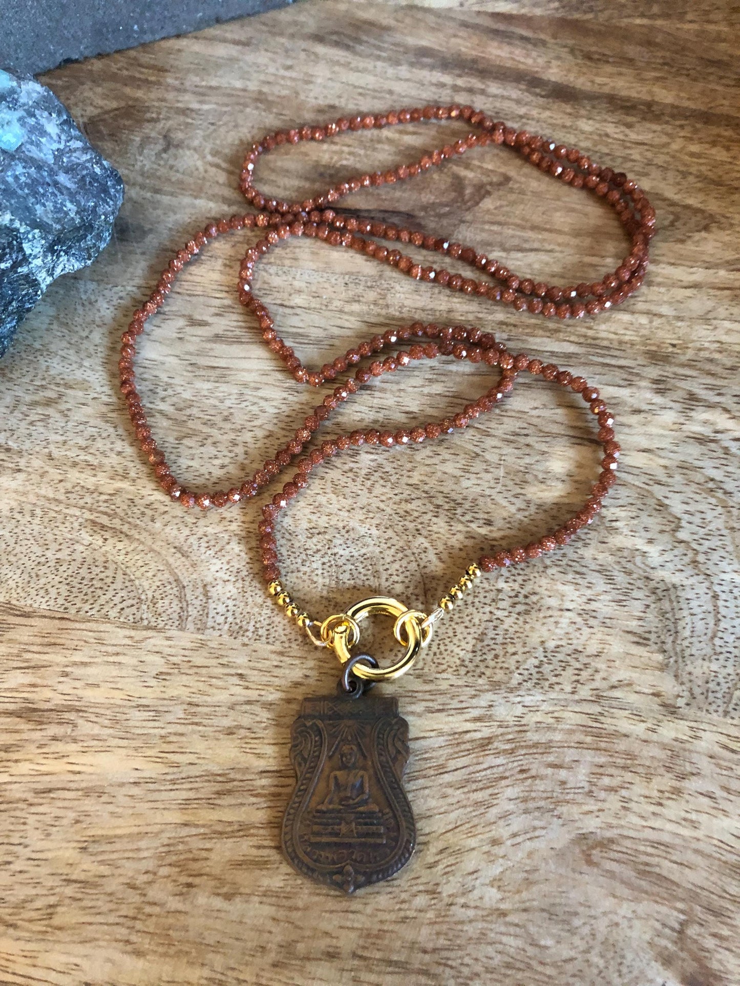 Golden Sand Necklace -stone of prosperity, ambition Amulet Buddha Pendant from Thailand, 3x3 beads, empowering necklace, meditation gifts