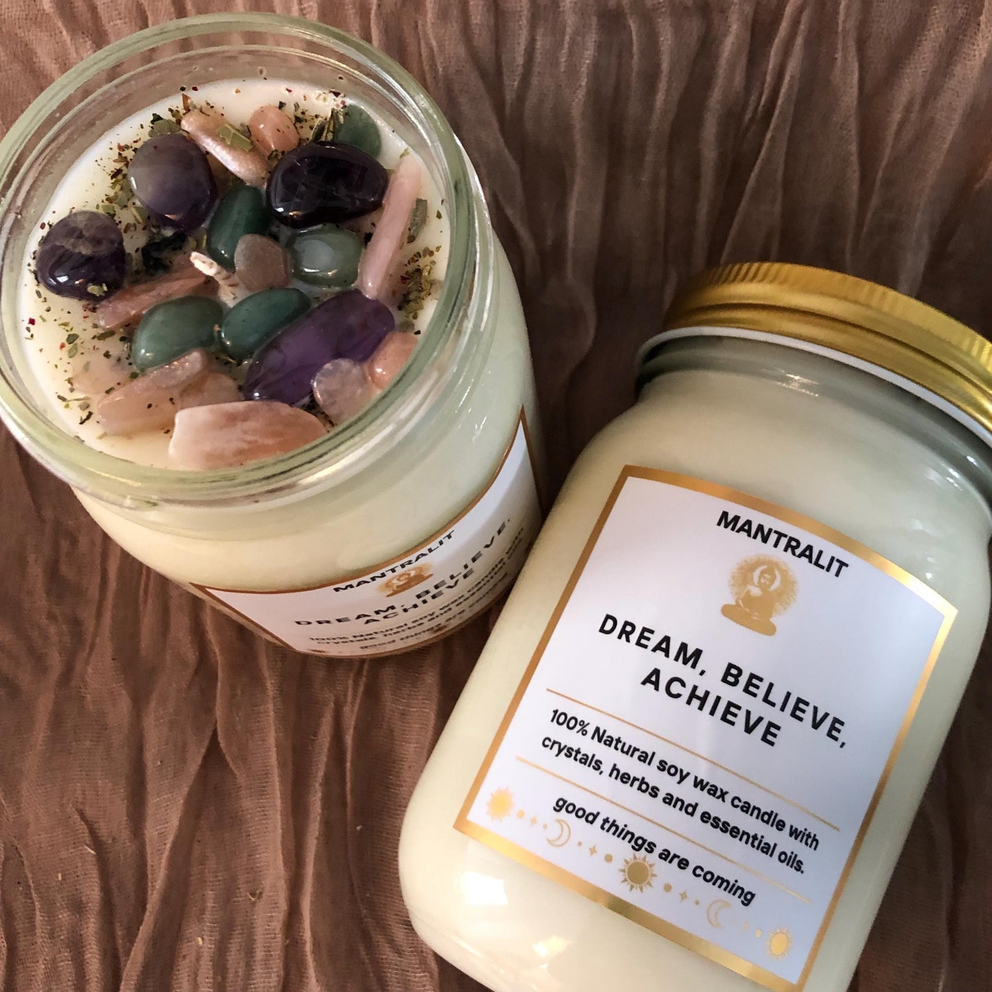 Dream Believe Achieve Mantra Candle Affirmation, Scented Intention setting candles, candles with crystals, herbs, 12oz Mason Jar candle