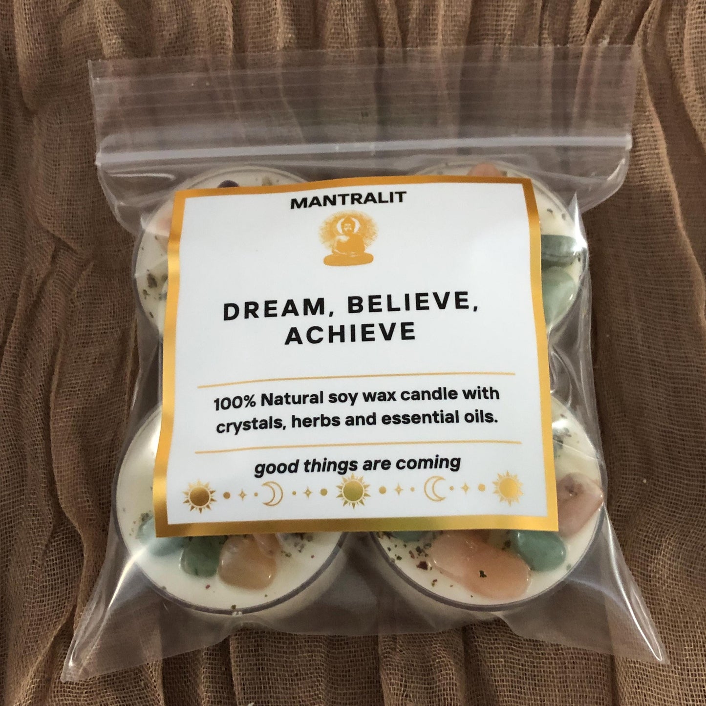 Dream Believe Achieve Herbal and Crystal Tealight Candles, Mantra Affirmation, Scented Intention dressed candles with crystals, herbs