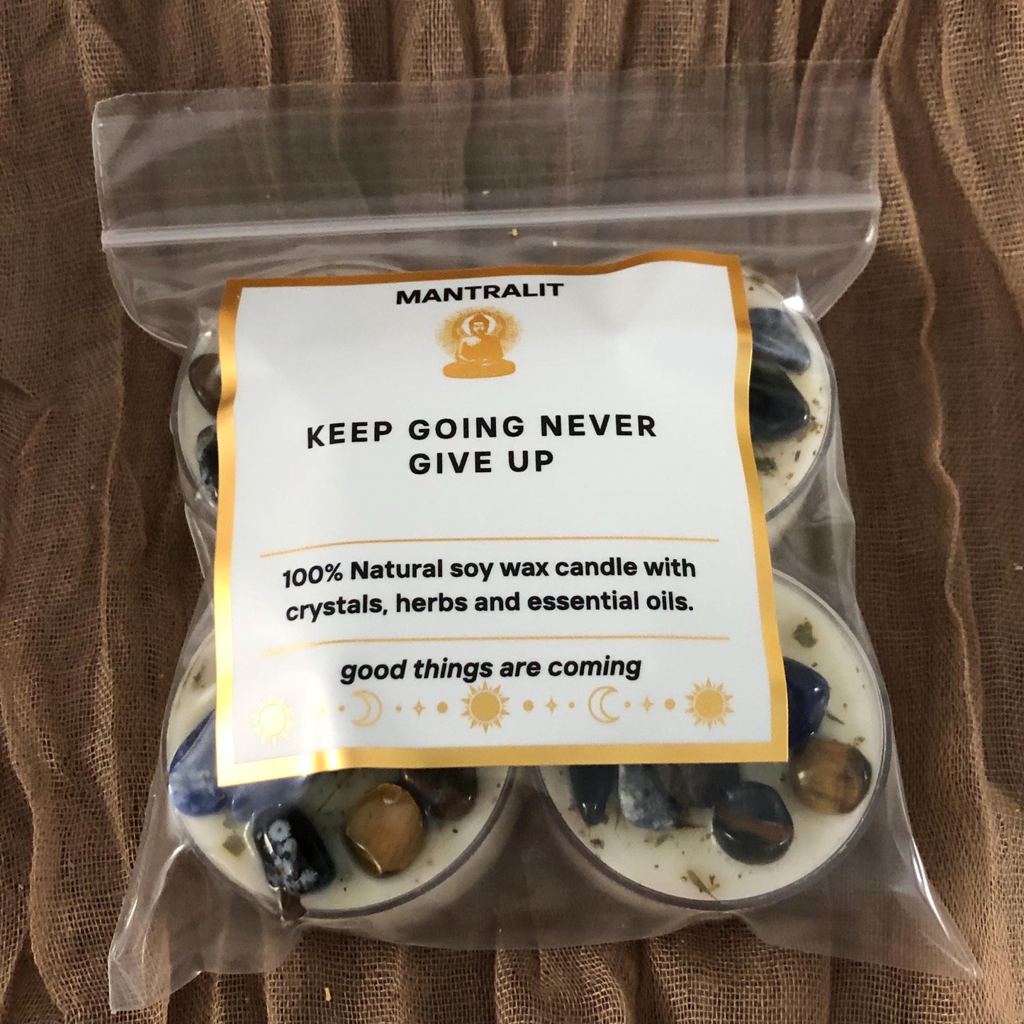 Keep going never give up Tealight Candles, Mantra candle Affirmation, Scented Intention dressed candles with crystals and herbs, soy candle