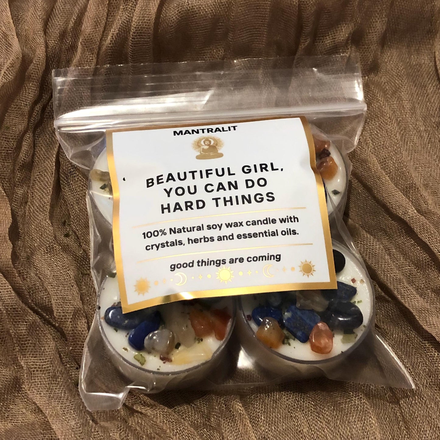 Beautiful girl you can do hard things tealight mantra candles,  affirmation intention candles with crystals and herbs, soy candle