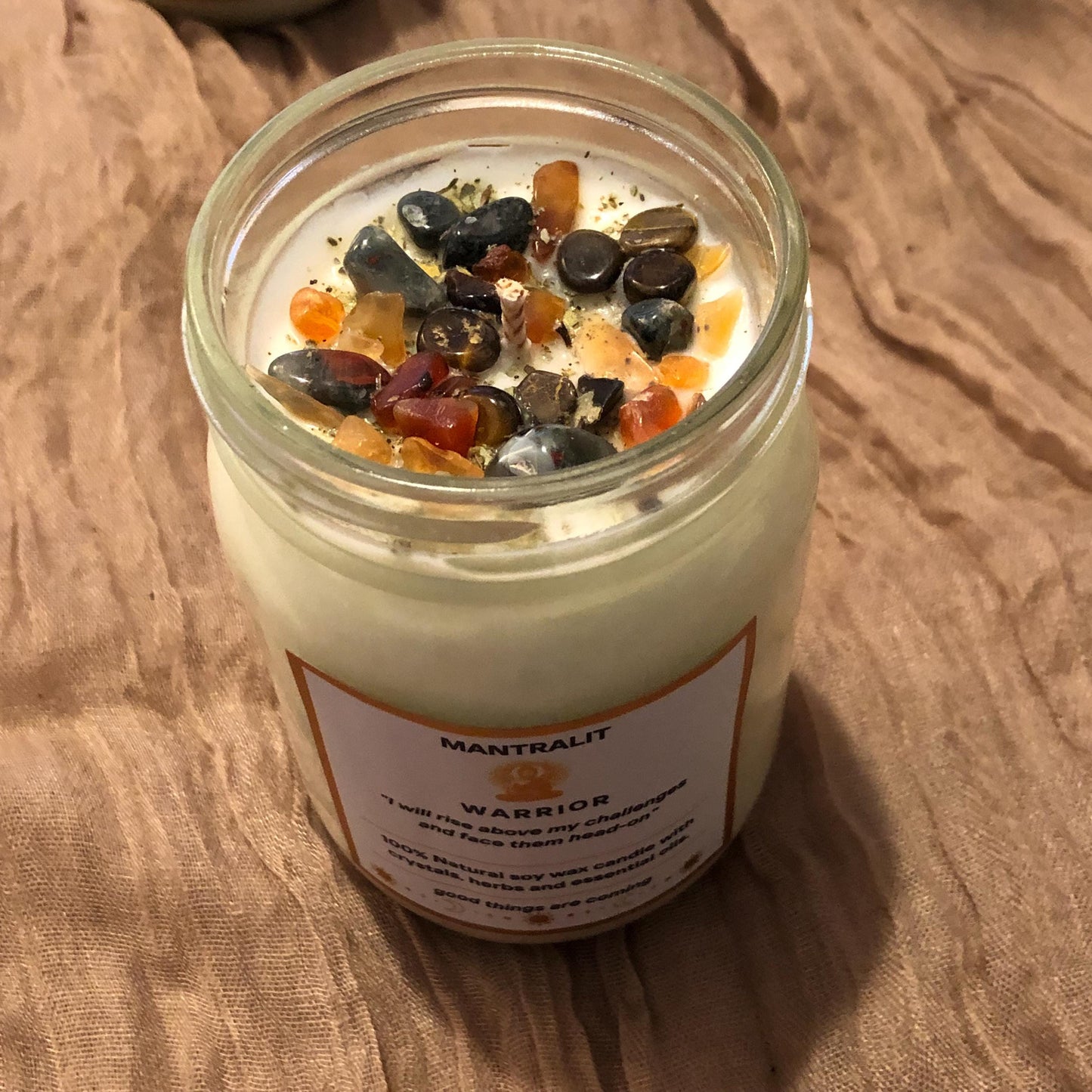 Warrior Mantra soy Candle Affirmation, Intention candles, candles with crystals, herbs, Mason Jar soy candle