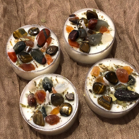 Warrior tealight mantra candles,  affirmation intention candles with crystals and herbs, soy candle