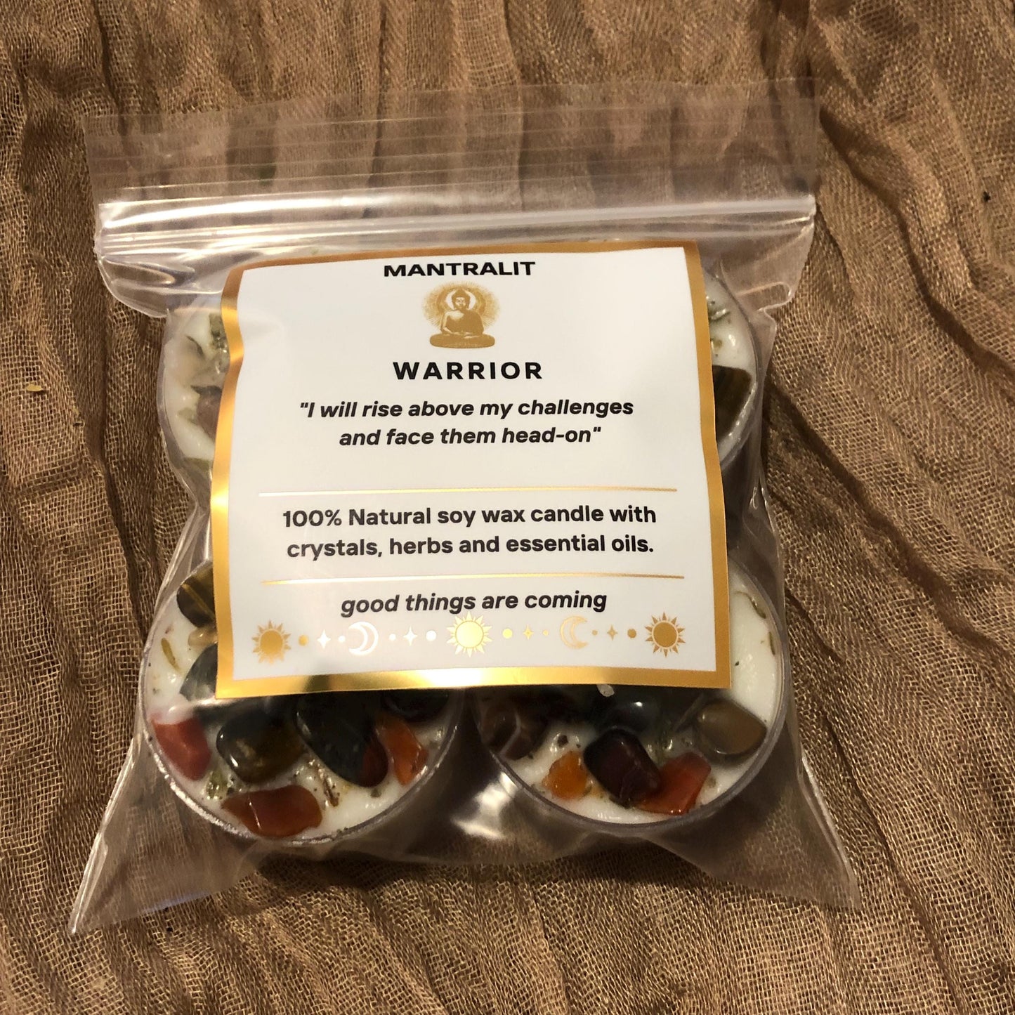 Warrior tealight mantra candles,  affirmation intention candles with crystals and herbs, soy candle