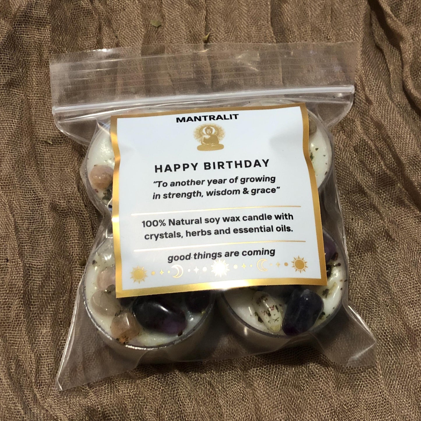 Happy Birthday tealight mantra candles,  affirmation intention candles with crystals and herbs, soy candle