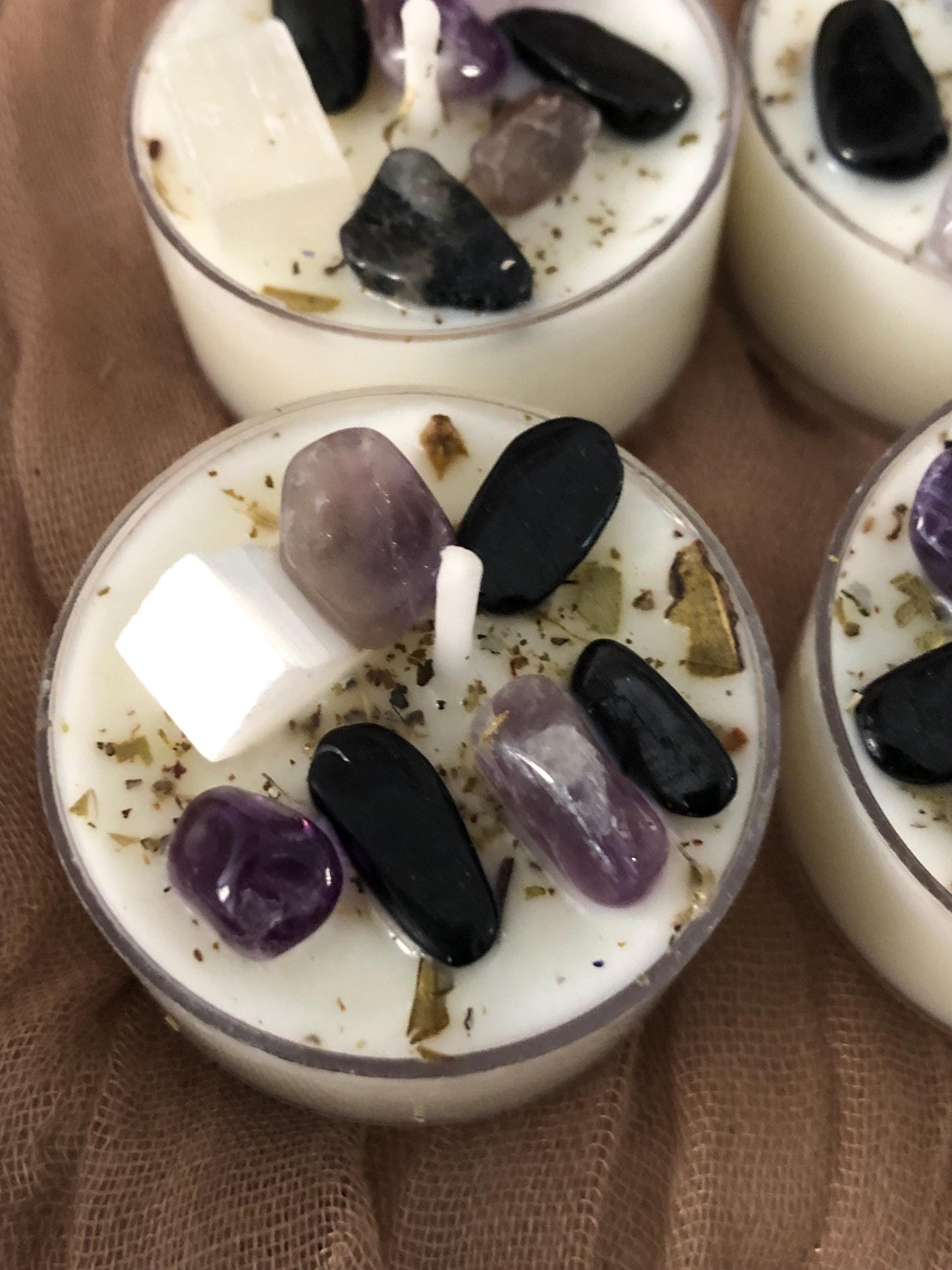 Tranquility tealight mantra candles,  ritual affirmation intention candles with crystals and herbs, all natural soy candle