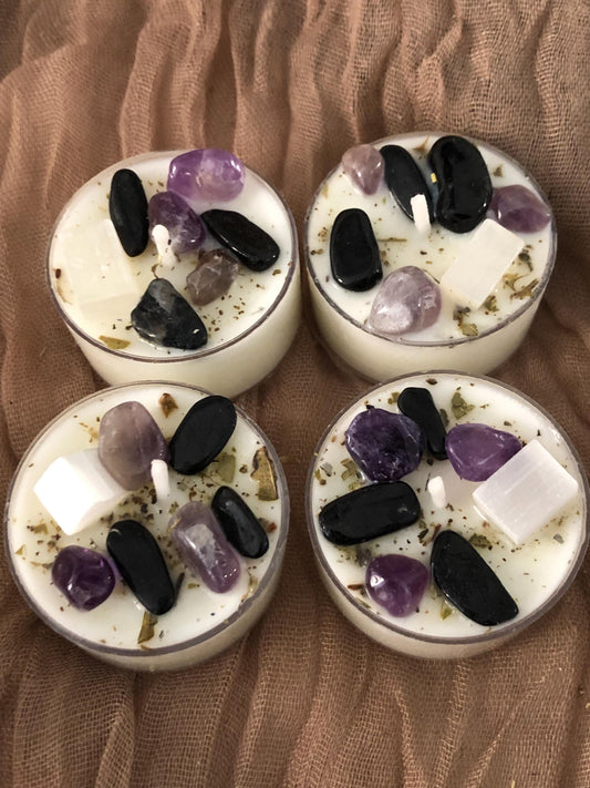 Tranquility tealight mantra candles,  ritual affirmation intention candles with crystals and herbs, all natural soy candle