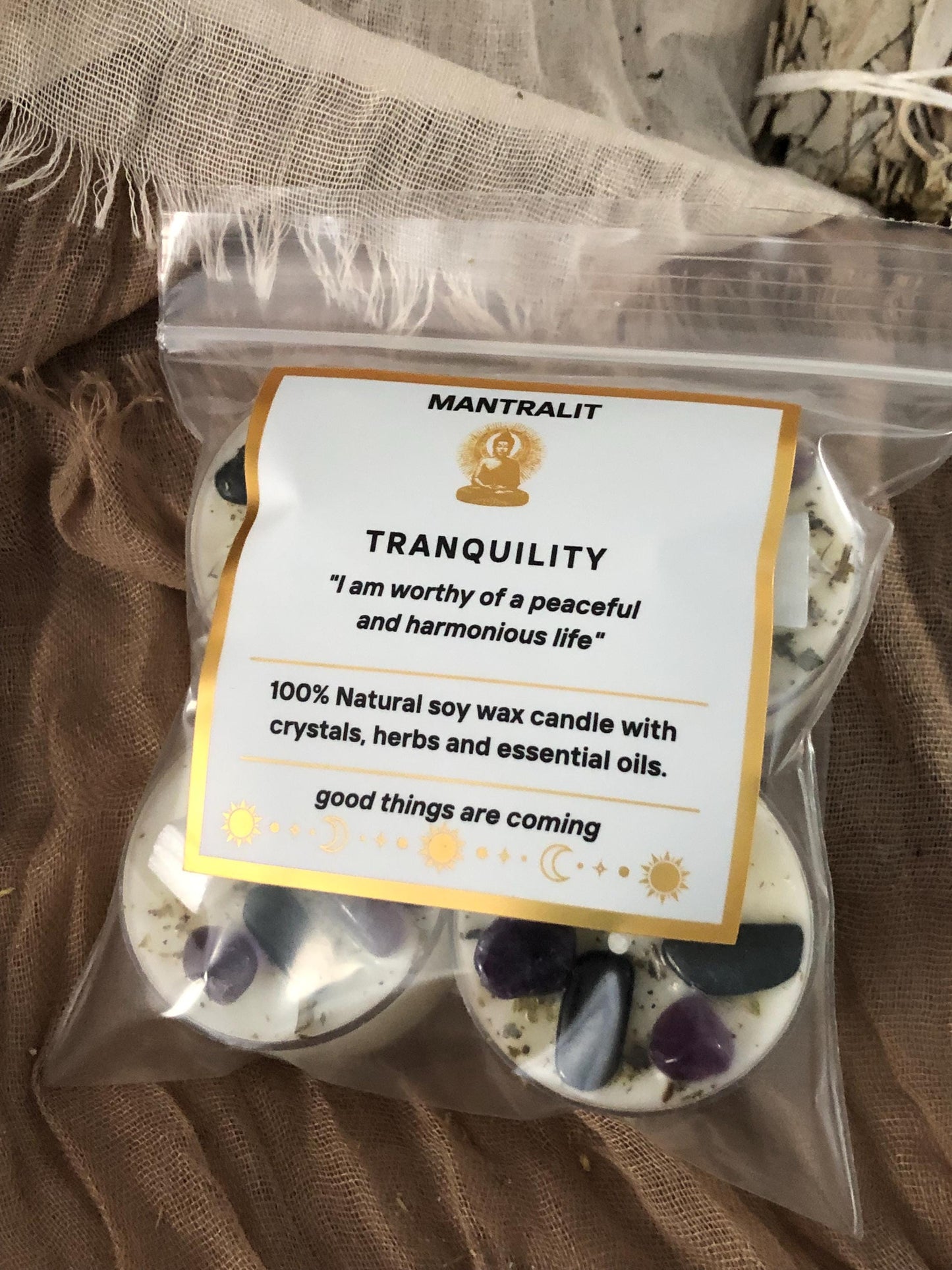 Tranquility tealight mantra candles,  ritual affirmation intention candles with crystals and herbs, all natural soy candle