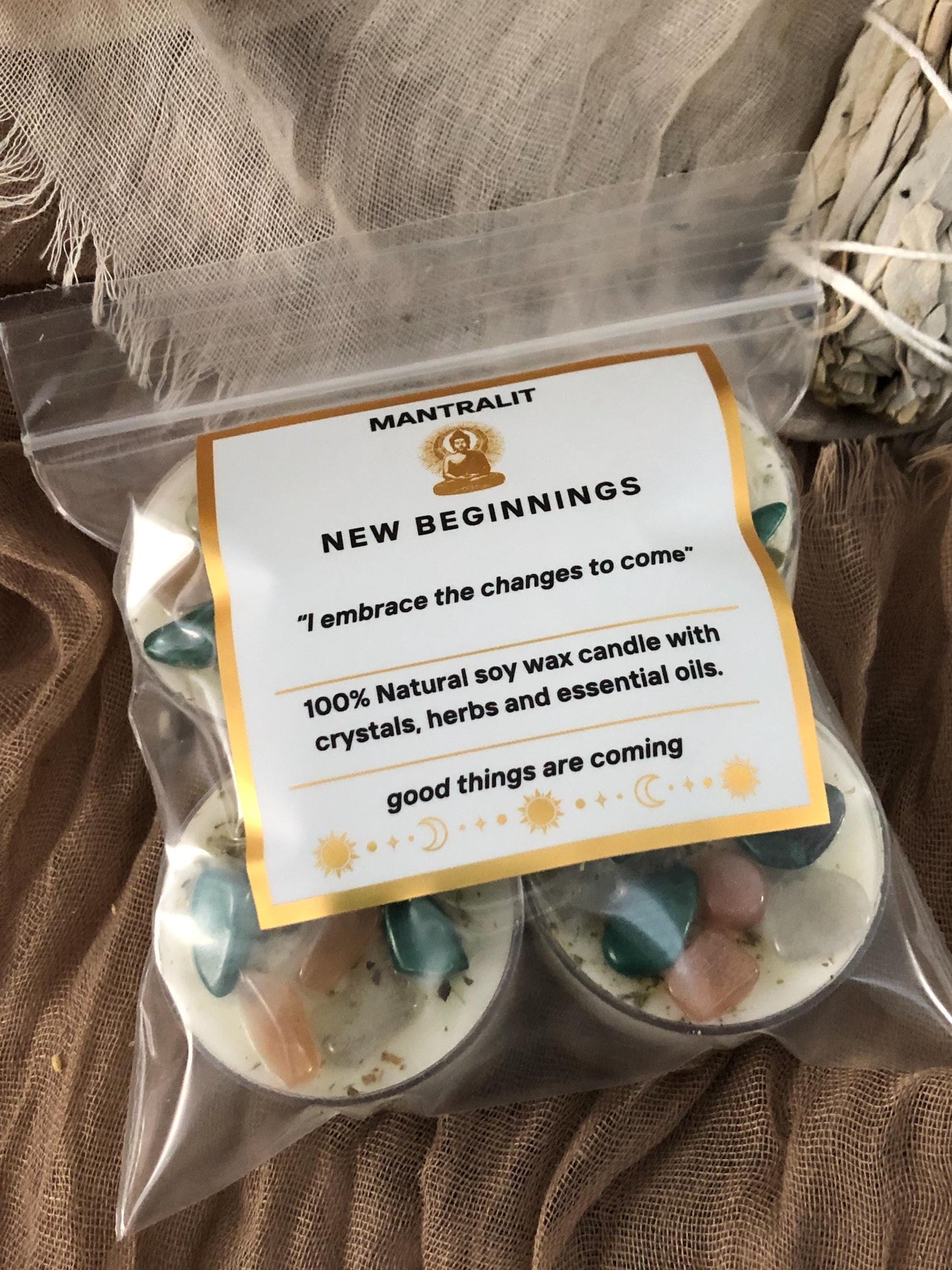 New Beginnings tealight mantra candles,  ritual affirmation intention candles with crystals and herbs, all natural soy candle, woodsy scent