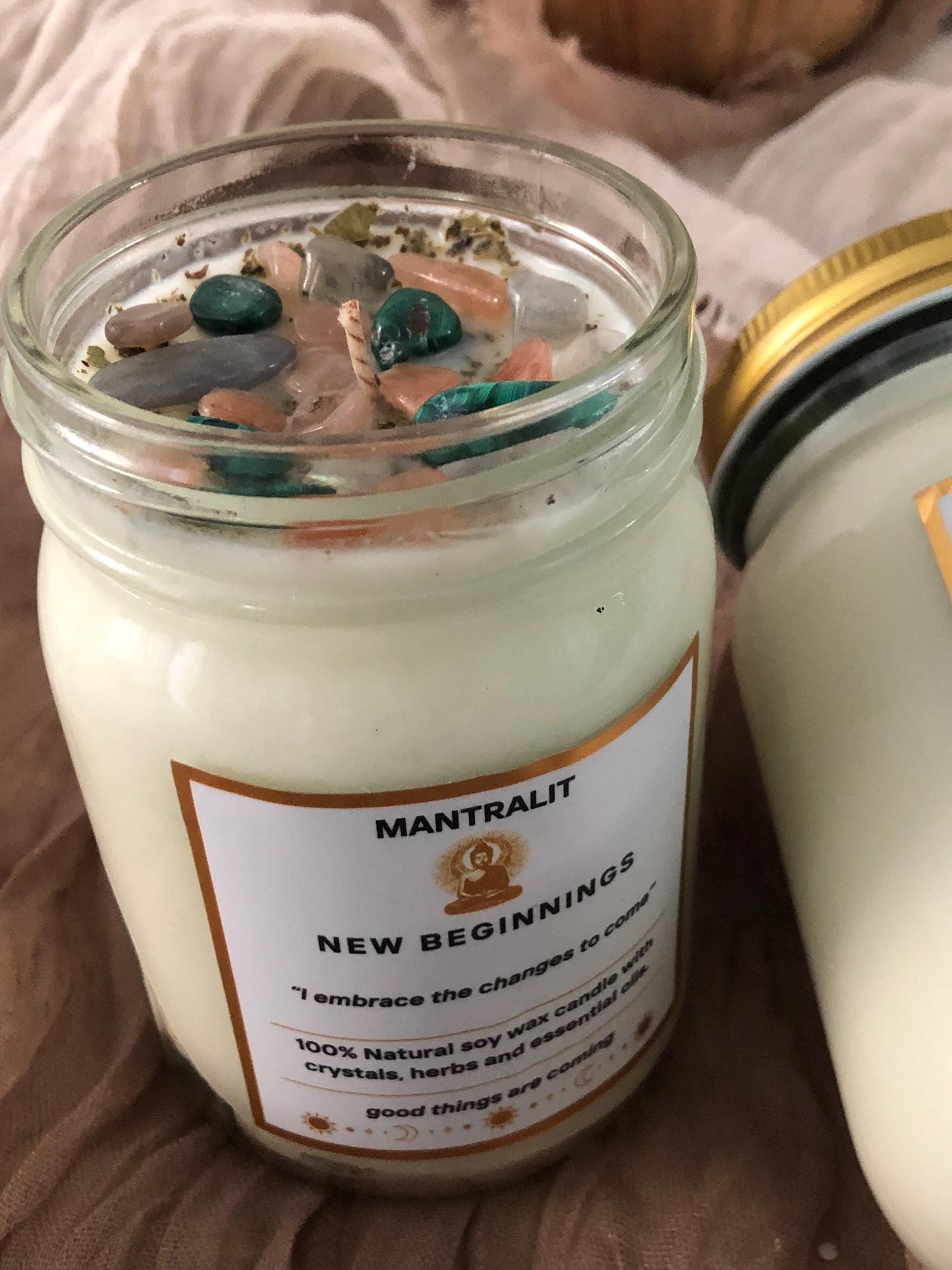 New Beginnings mantra ritual Candle infused with crystals and herbs, Mason Jar soy candle, intention affirmation candles, all natural candle