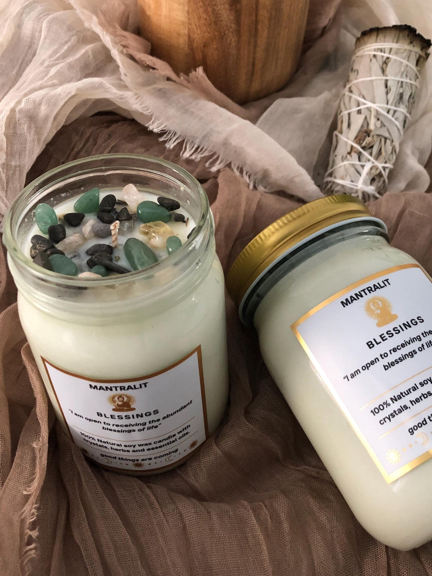 Blessings house warming gift Candle infused with crystals and herbs, Mason Jar soy candle, intention affirmation candles, all natural candle