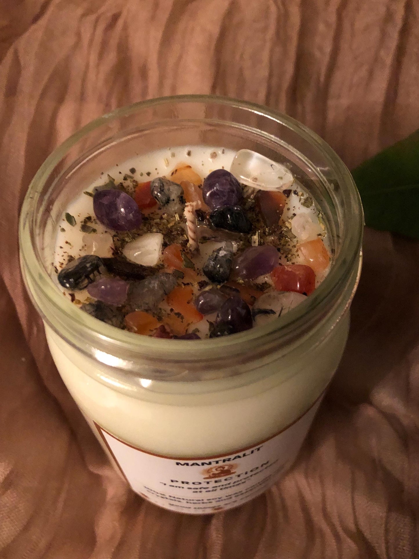 Protection Candle infused with crystals black tourmaline, amethyst, Rosemary, sage herbs Mason Jar soy candle, affirmation candles