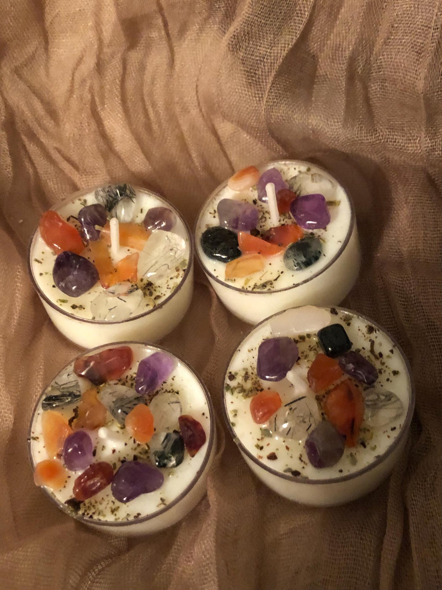 Protection tealight candles,  infused with carnelian black tourmaline, sage rosemary herb, all natural soy candle, crystal infused candle