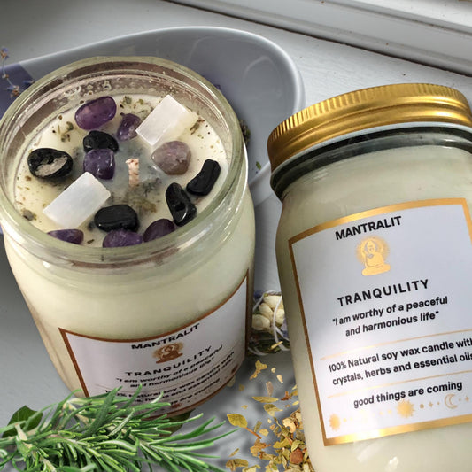 Tranquility mantra ritual Candle infused with crystals and herbs, Mason Jar soy candle, intention affirmation candles, all natural candle