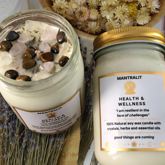 Health And Wellness mantra Candle infused with crystals and herbs, Mason Jar soy candle, intention affirmation candles, all natural candle