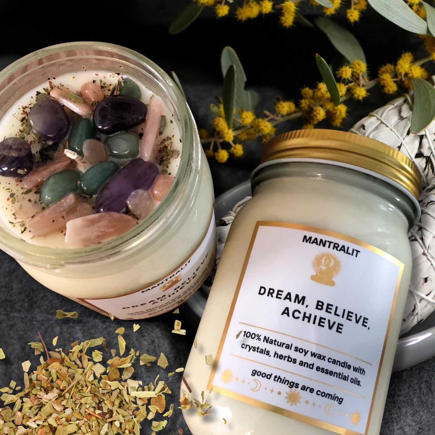 Dream Believe Achieve Mantra Candle Affirmation, Scented Intention setting candles, candles with crystals, herbs, 12oz Mason Jar candle