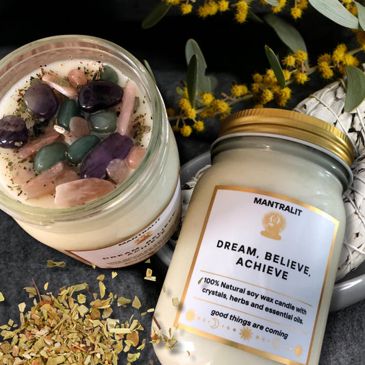 Dream Believe Achieve Mantra Candle Affirmation, Scented Intention setting candles, candles with crystals, herbs, 12oz Mason Jar candle