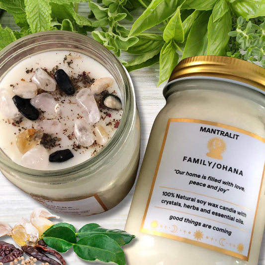 Mantra Candle, Family/Ohana Herbal and Crystal Candles, Mantra Affirmation, Scented Intention setting candles, candles with crystals, herbs