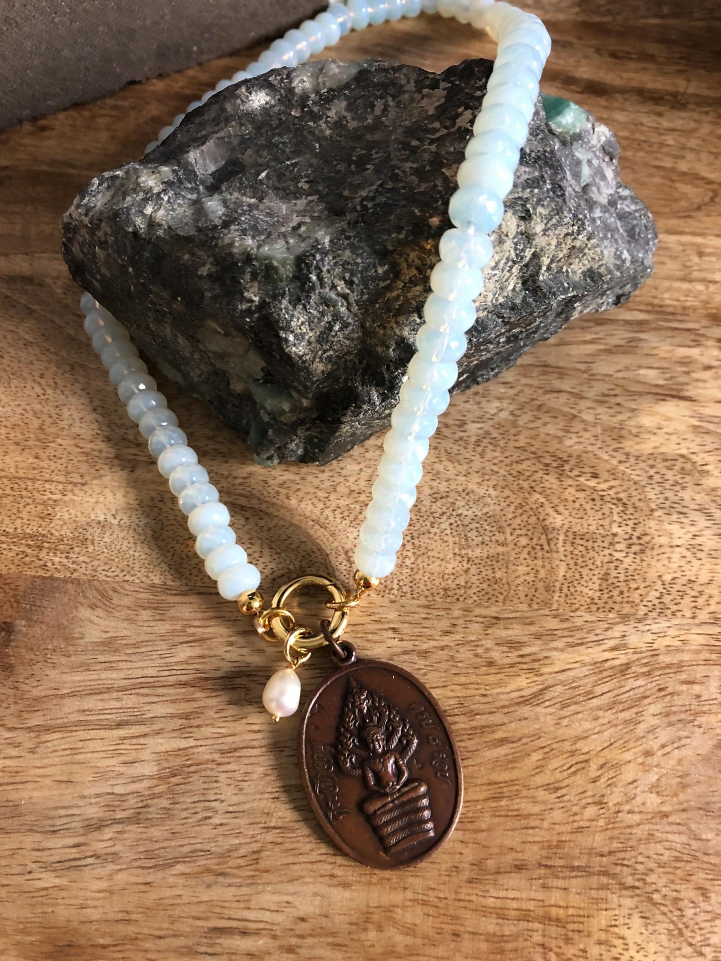 Luck, Hope, and Creativity Opal Gemstone Choker Necklace, Vintage Thai Buddha Pendant, protective, Amulet Buddha from Thailand