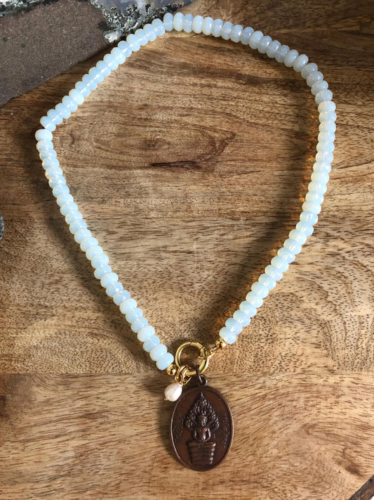 Luck, Hope, and Creativity Opal Gemstone Choker Necklace, Vintage Thai Buddha Pendant, protective, Amulet Buddha from Thailand