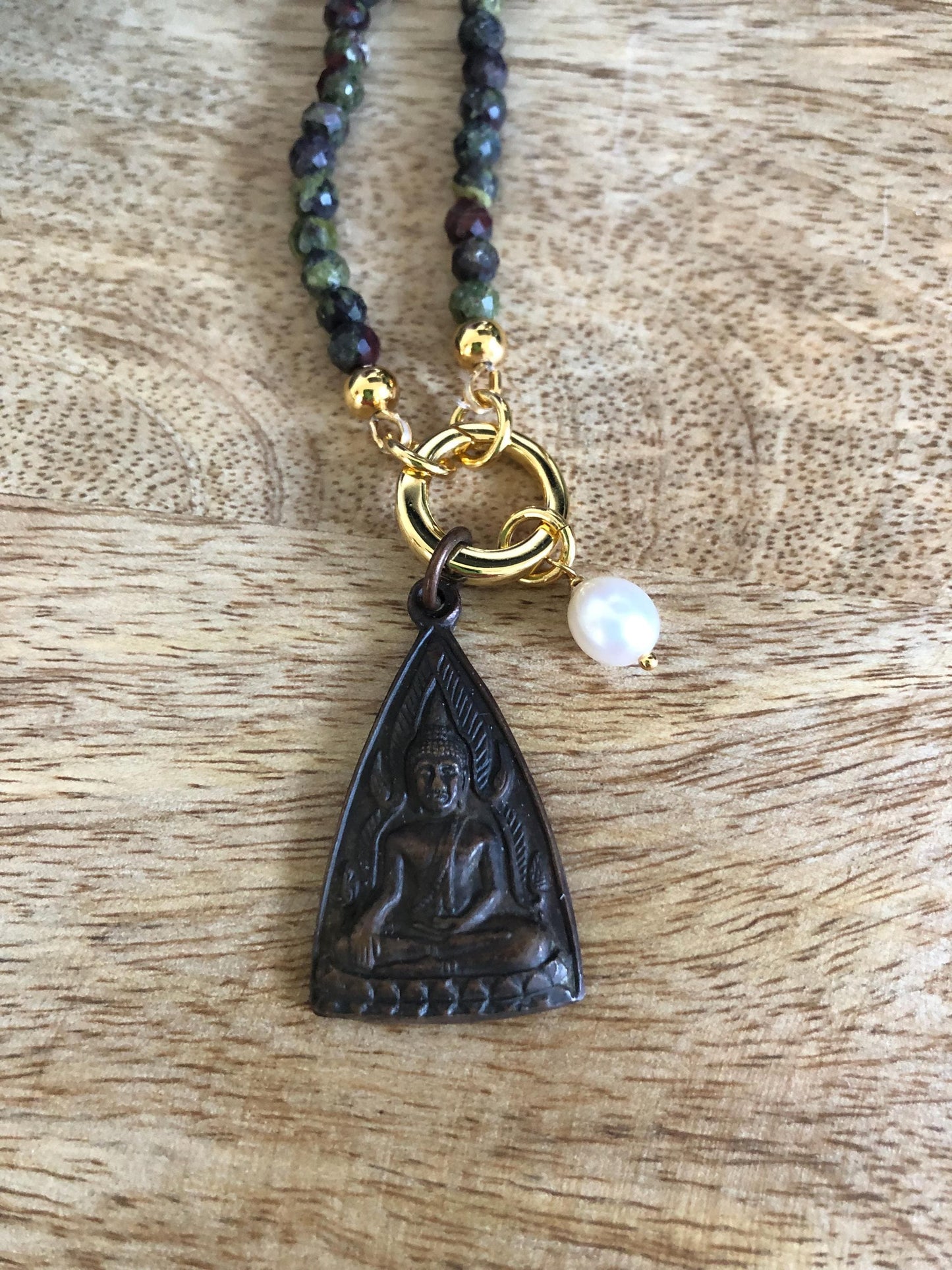 Dragon Bloodstone Gemstone Choker Necklace -stone of courage, Vintage Amulet Buddha Pendant from Thailand, meditation empowering necklace