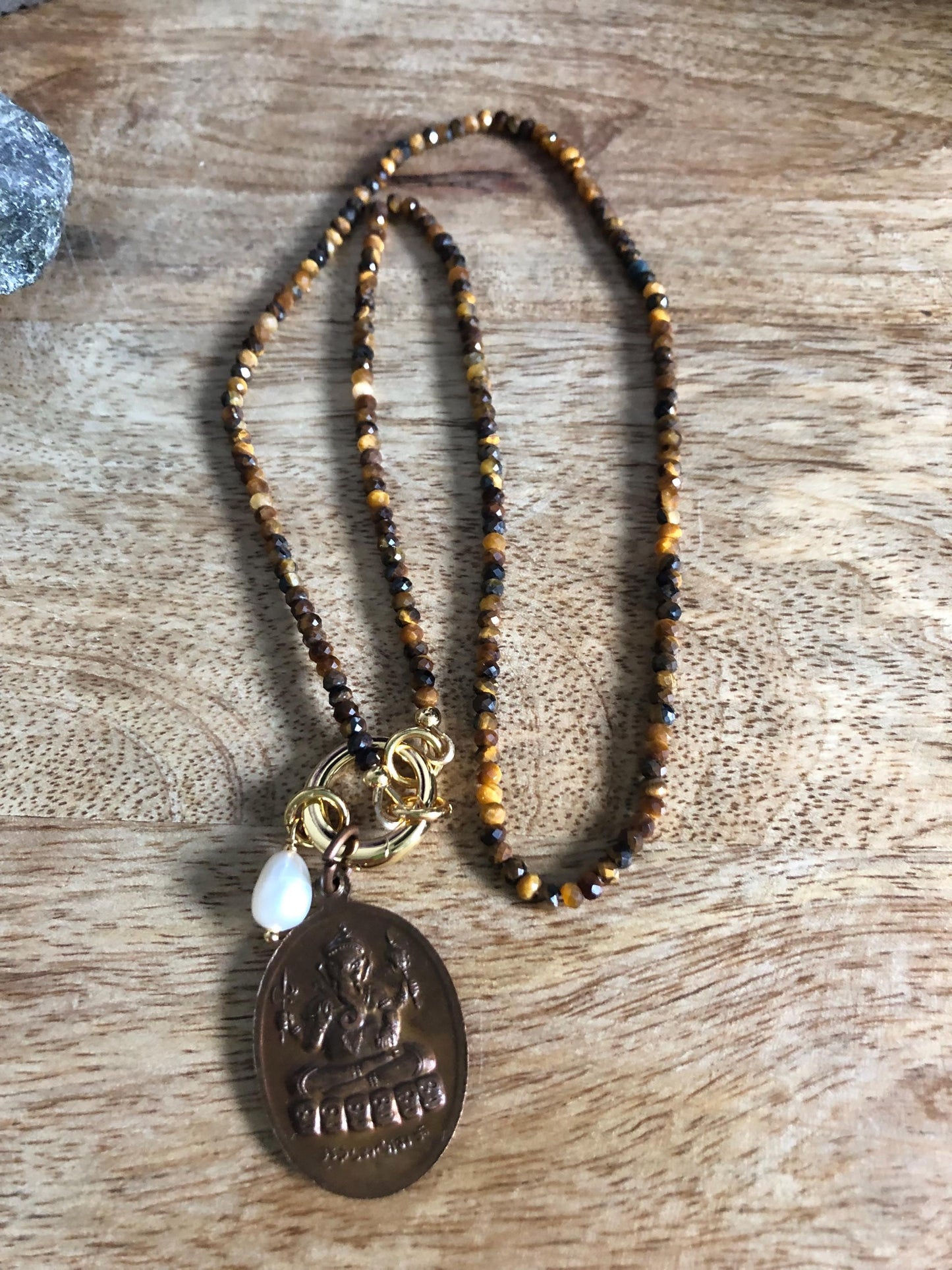 Tigers Eye Gemstone Choker Necklace stone of courage, protection, Vintage Amulet Buddha Pendant from Thailand,  empowering necklace