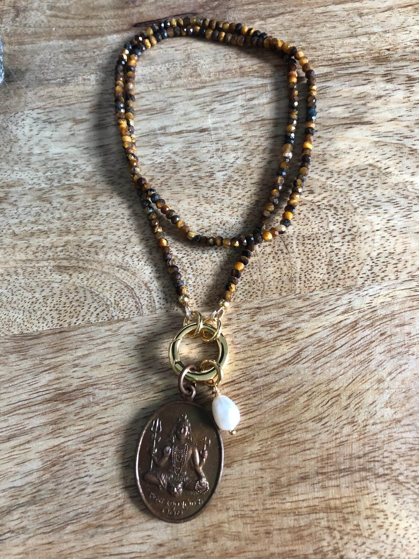 Tigers Eye Gemstone Choker Necklace stone of courage, protection, Vintage Amulet Buddha Pendant from Thailand,  empowering necklace