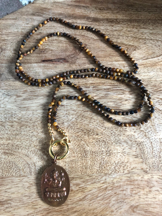 Tigers Eye Long Necklace stone of courage, protection, Vintage Buddha Pendant Amulet from Thailand,  empowering meditation necklace gifts