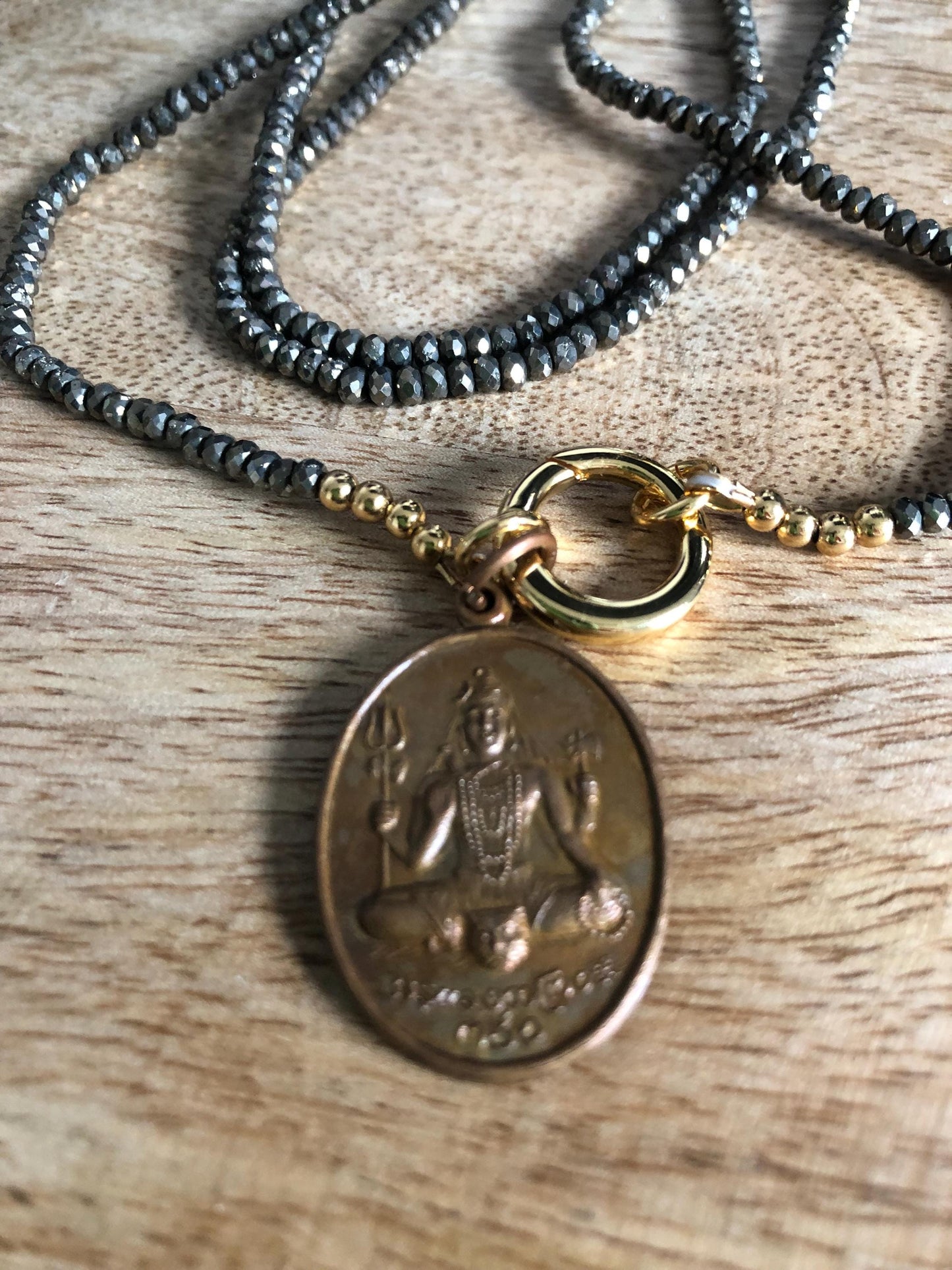 Pyrite Long Necklace -stone of strength, courage, bravery, and resilience Vintage Ganesh-Shiva Amulet Pendant from Thailand, empowering gift