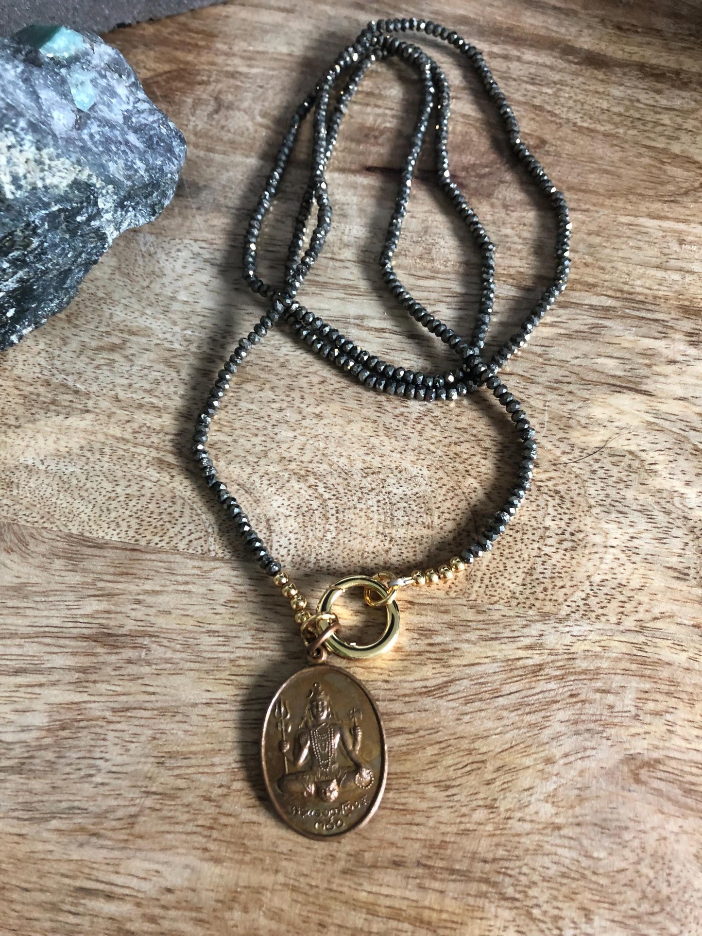 Pyrite Long Necklace -stone of strength, courage, bravery, and resilience Vintage Ganesh-Shiva Amulet Pendant from Thailand, empowering gift