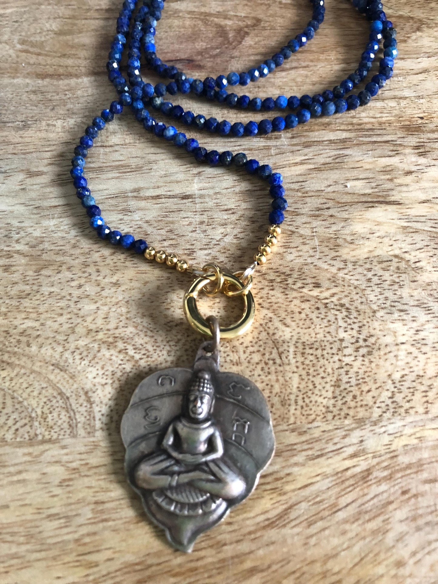 Lapis Lazuli Long Necklace stone of wisdom and power, Vintage Buddha Pendant from Thailand,  empowering meditation necklace, trendy chic