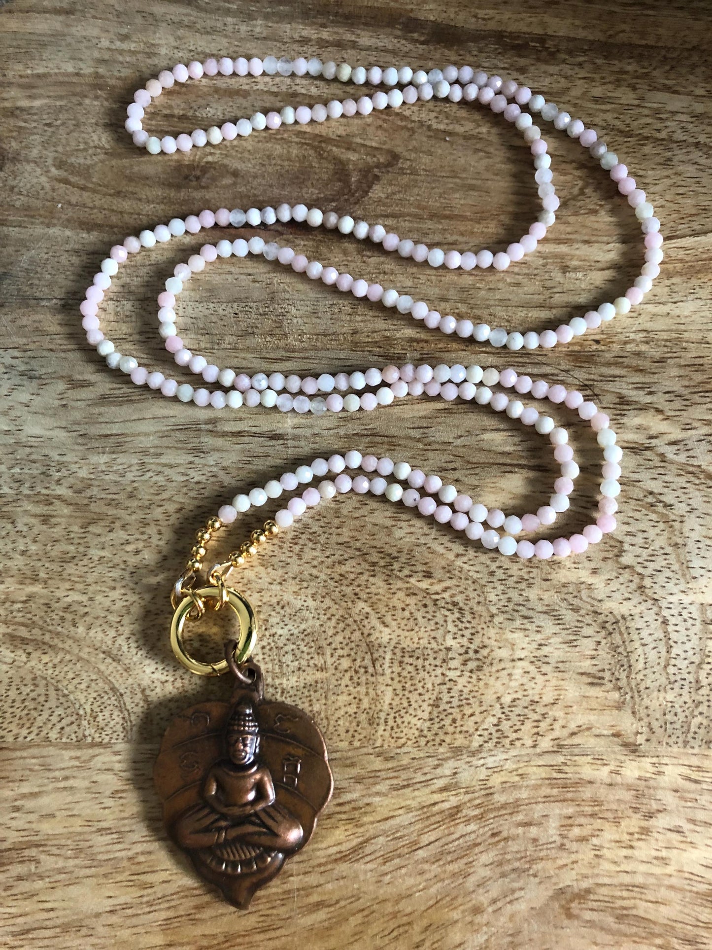 Pink Opal Long Necklace stone of love, healing and protection, Vintage Buddha Pendant from Thailand,  empowering necklace, meditation gift