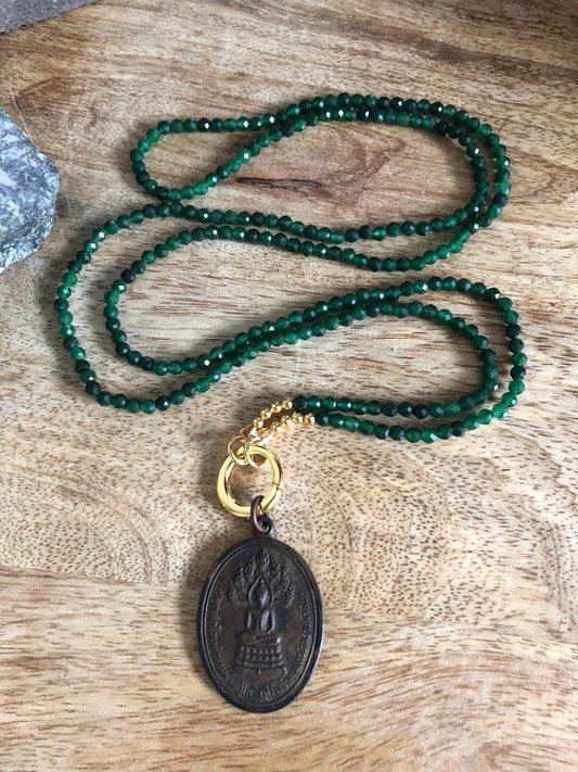 Nephrite Jade Long Necklace stone of abundance, harmony, Vintage Buddha Pendant from Thailand,  boho chic empowering necklace, meditation