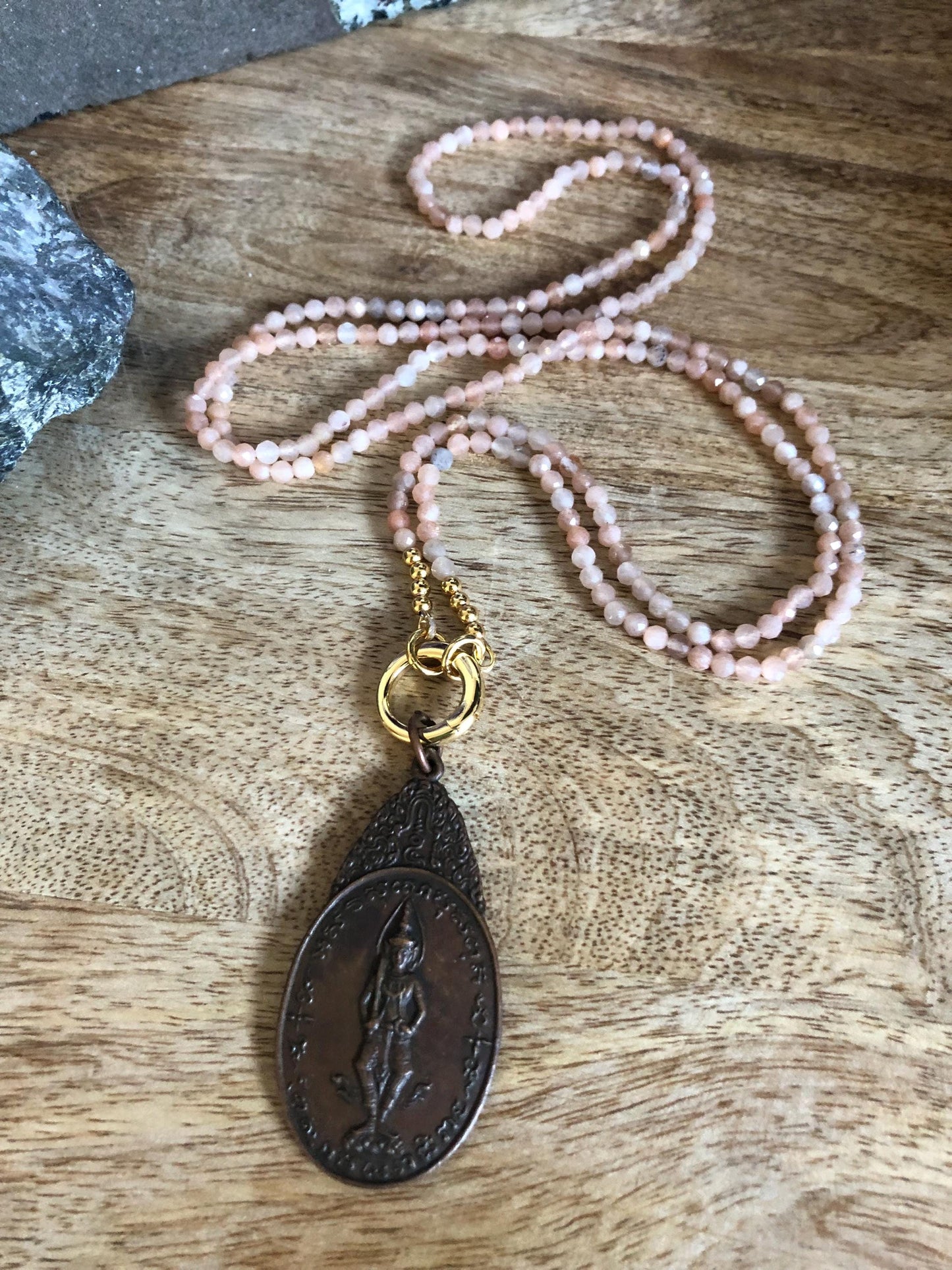 Sunstone Long Necklace Stone of Joy, Vitality, Abundance Vintage Buddha Amulet Pendant From Thailand, Empowering Meditation Necklace