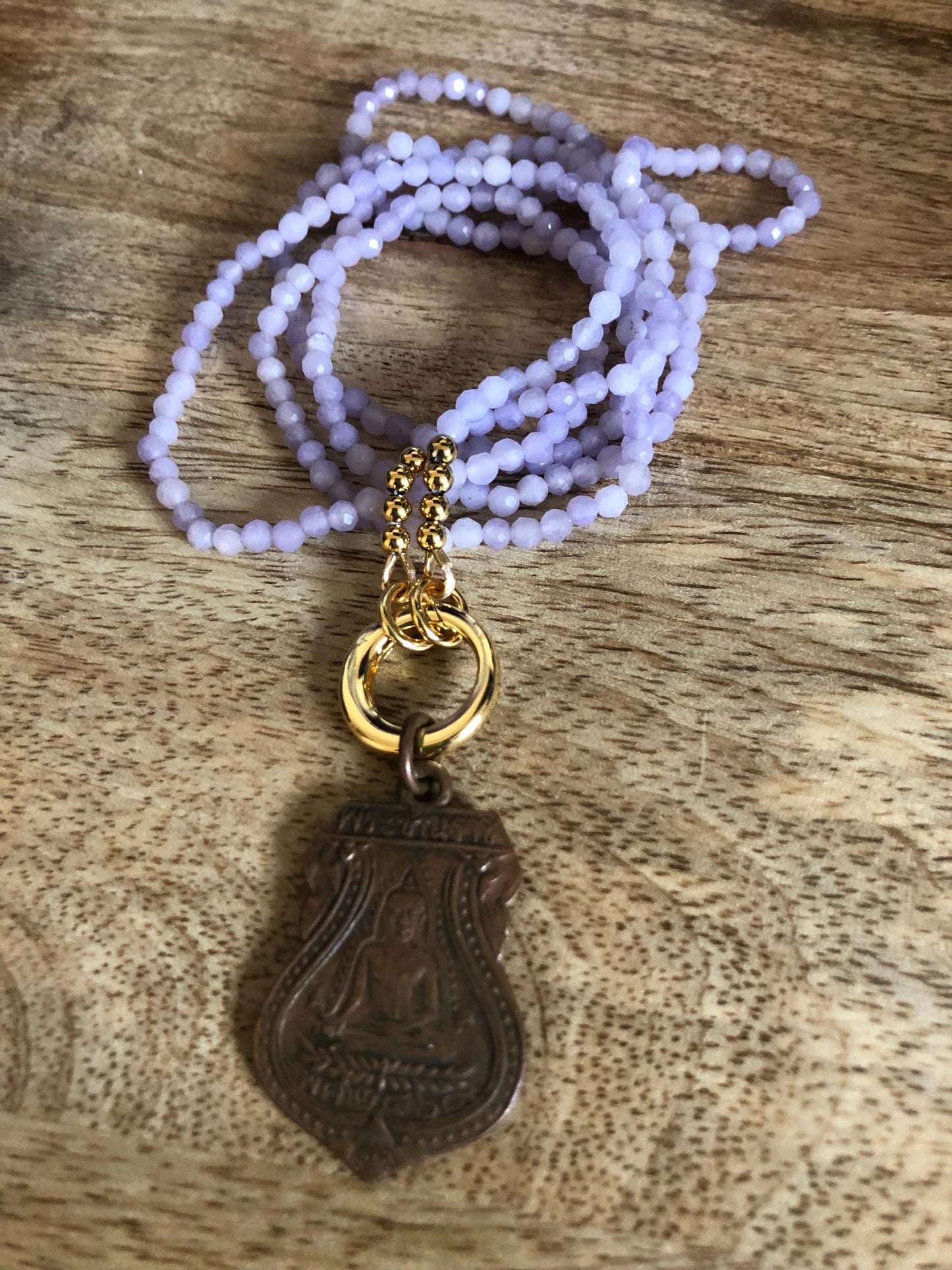 Purple Agate Long Necklace Stone of intuition, Creativity Vintage Buddha Amulet Pendant from Thailand, Boho Meditation Empowering Necklace